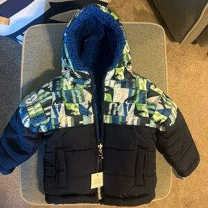 NWT 18M Boys Reversible Blue Fleece Dinosaur Winter Coat